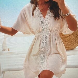 Elegant Cream Lace Trim Swim Cover-Up